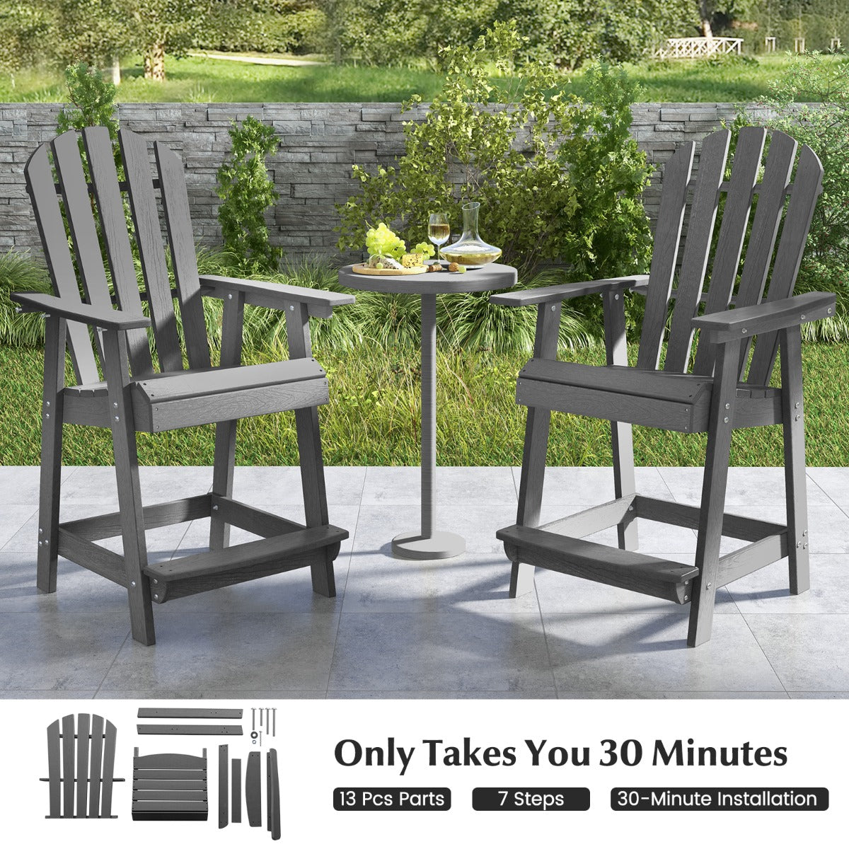 LIVSK Adirondack-barstoel - Weerbestendig en Ergonomisch - HDPE - Tot 150 kg - Voor Binnen en Buiten - Grijs