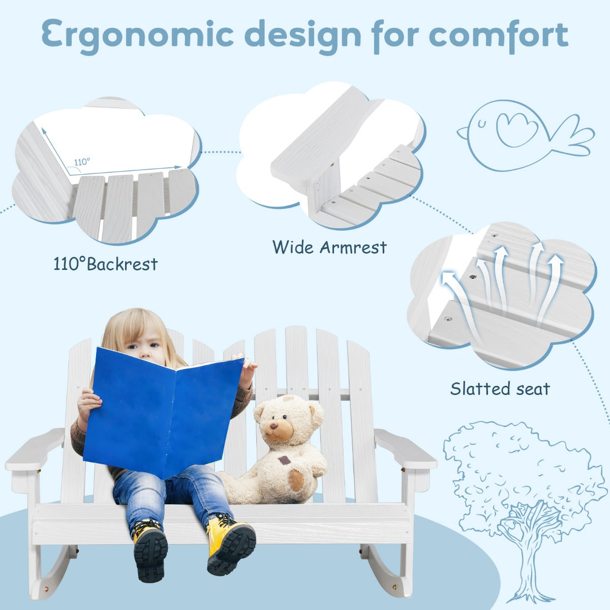 LIVSK Adirondack Schommelstoel voor Kinderen - Ergonomisch Design - Veilig Schommelen - Natuurlijk Dennenhout - 99,5 x 70 x 68 cm