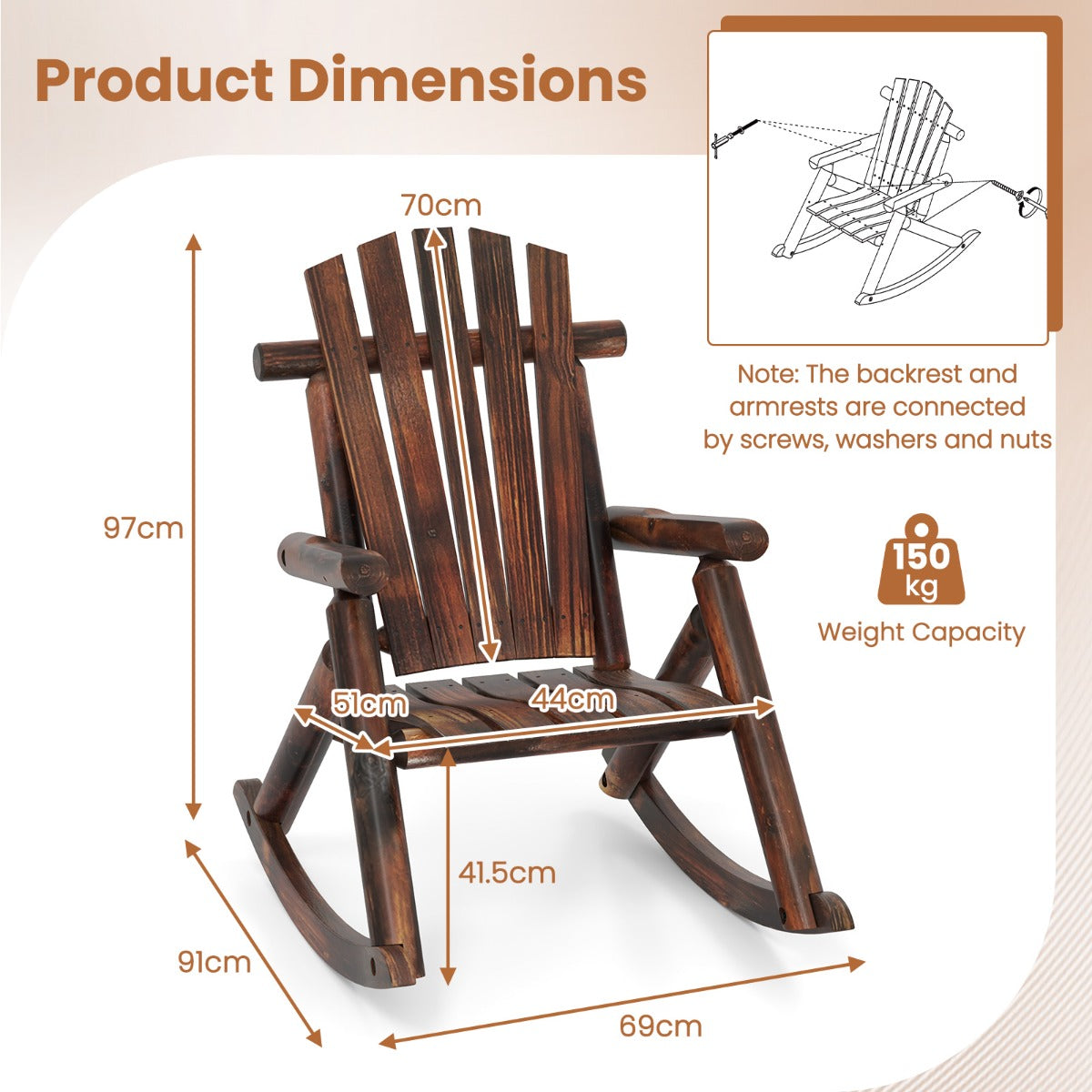 LIVSK Adirondack Schommelstoel - Massief Dennenhout - Hoge Rugleuning - Ergonomisch Ontwerp - Tot 150 kg - Bruin