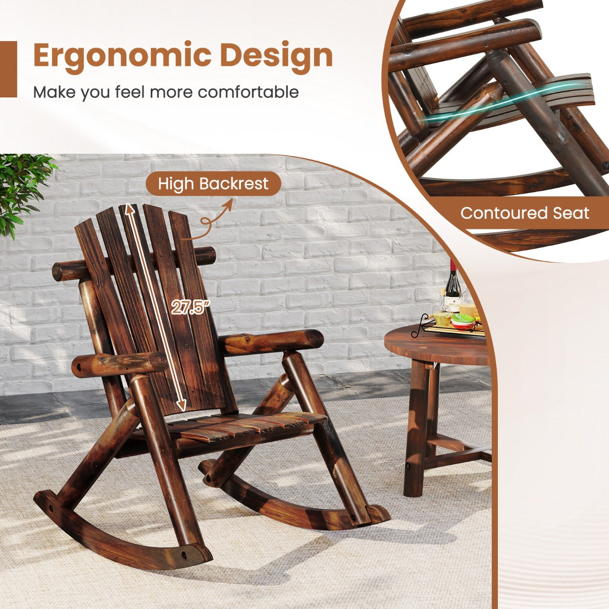 LIVSK Adirondack Schommelstoel - Massief Dennenhout - Hoge Rugleuning - Ergonomisch Ontwerp - Tot 150 kg - Bruin