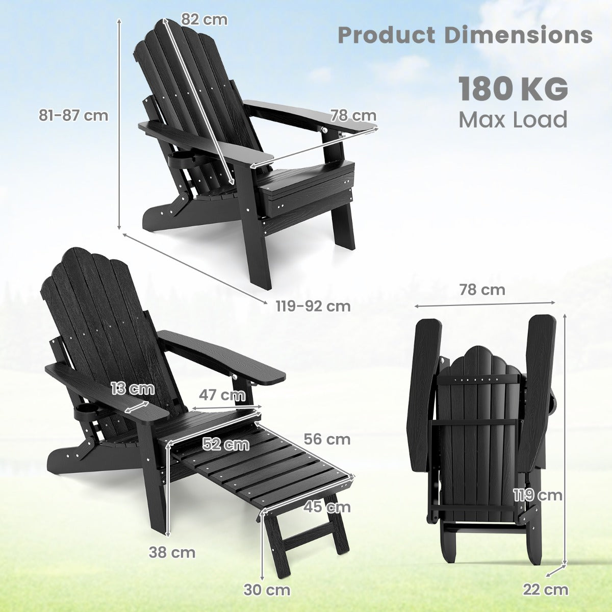 LIVSK Adirondack-stoel - Ergonomisch en Weerbestendig - 4-voudig Verstelbare Rugleuning - Inklapbaar - Draaibare Bekerhouder -