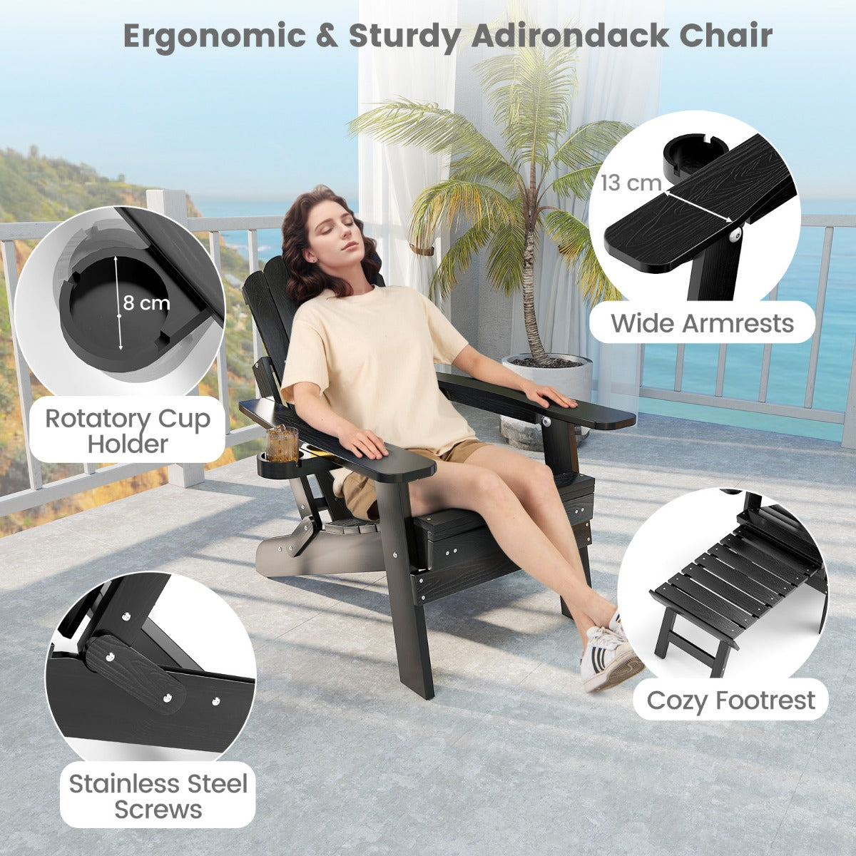 LIVSK Adirondack-stoel - Ergonomisch en Weerbestendig - 4-voudig Verstelbare Rugleuning - Inklapbaar - Draaibare Bekerhouder -
