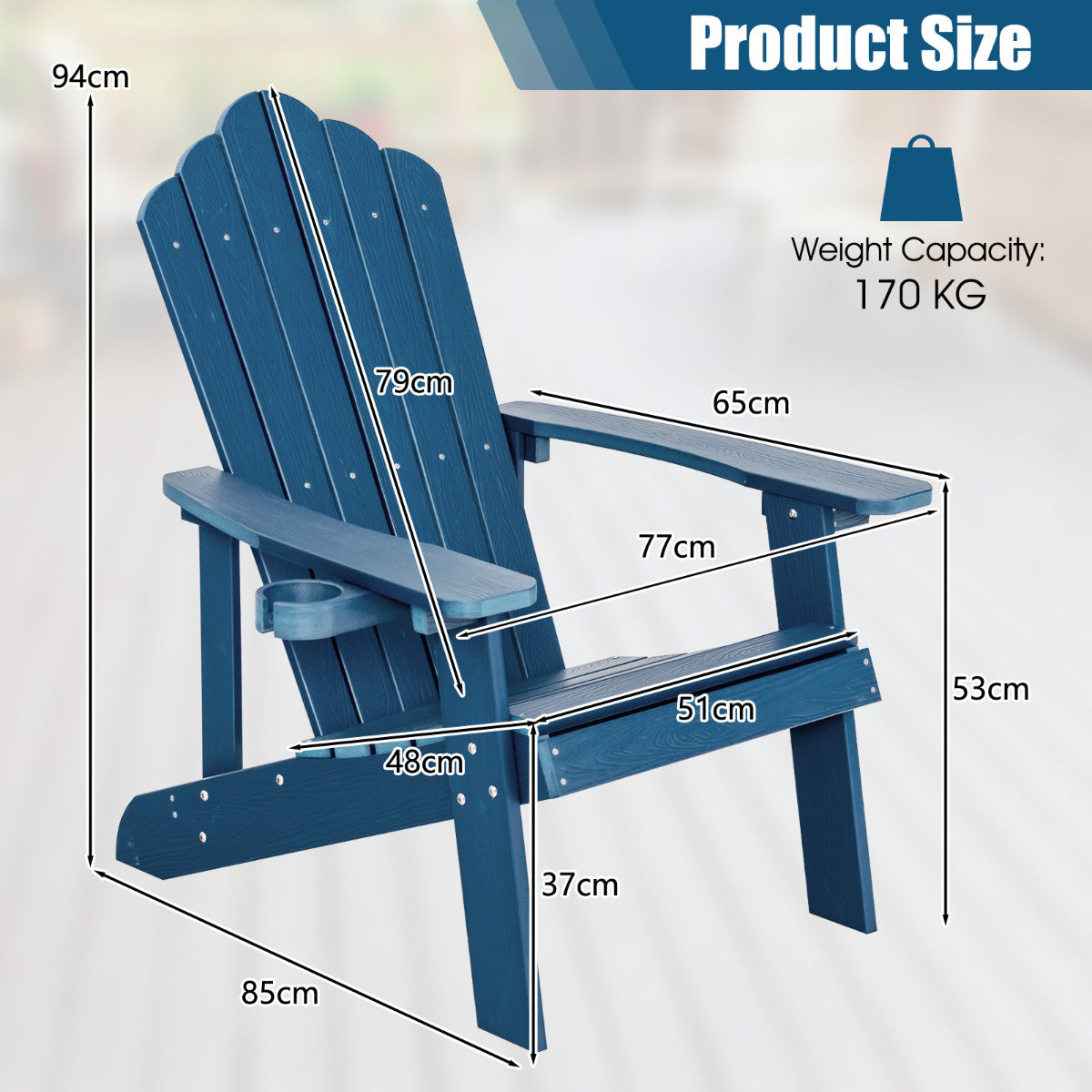 LIVSK Adirondack Tuinstoel met Bekerhouder - Ergonomisch Ontwerp - Weerbestendig HIPS - Tot 170 kg - Marineblauw