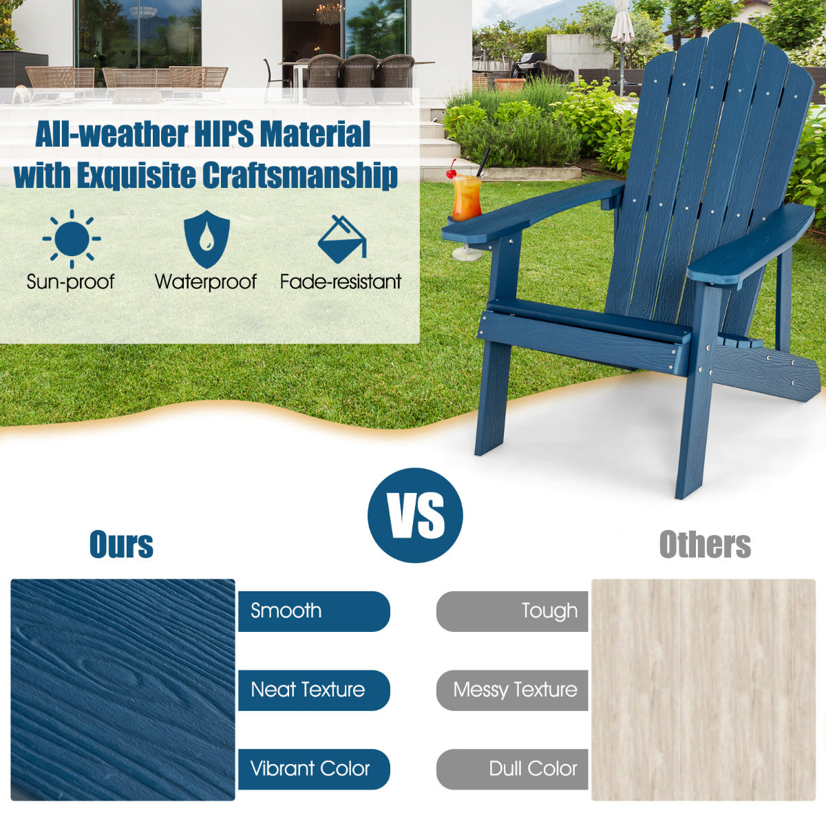 LIVSK Adirondack Tuinstoel met Bekerhouder - Ergonomisch Ontwerp - Weerbestendig HIPS - Tot 170 kg - Marineblauw
