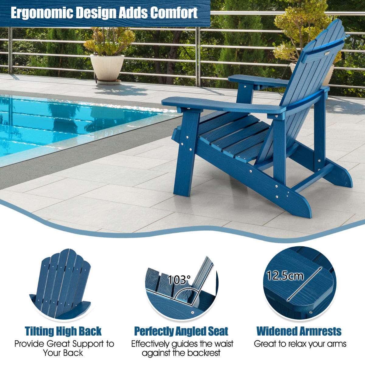 LIVSK Adirondack Tuinstoel met Bekerhouder - Ergonomisch Ontwerp - Weerbestendig HIPS - Tot 170 kg - Marineblauw