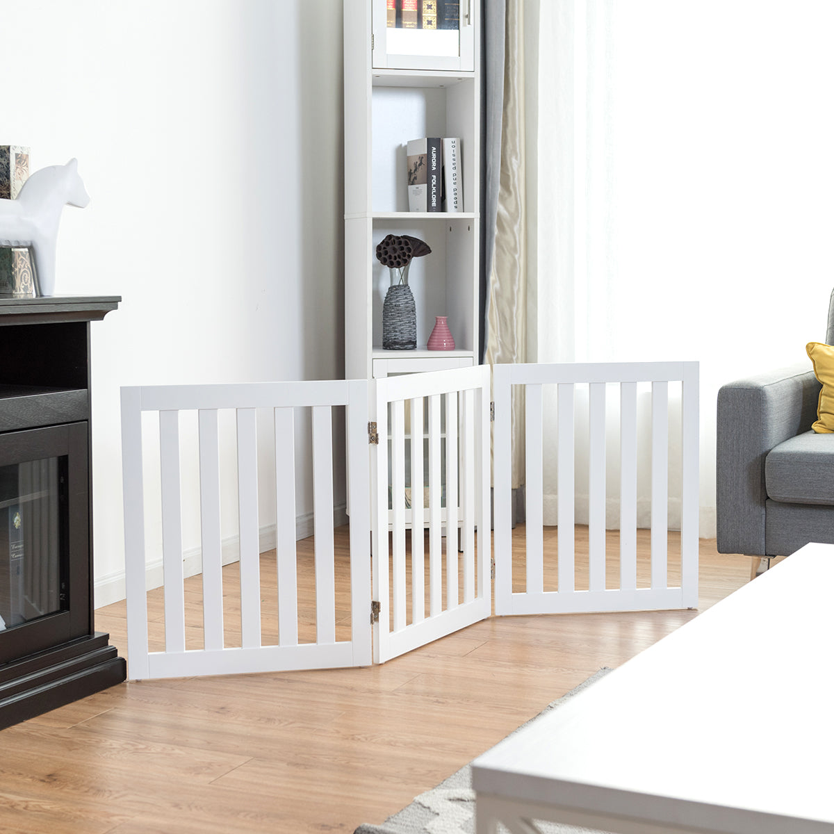 LIVSK Vrijstaande Hondenhek - Flexibel met 360° Draaibare Scharnieren - Inklapbaar en Draagbaar - Stabiele MDF-constructie - Wit