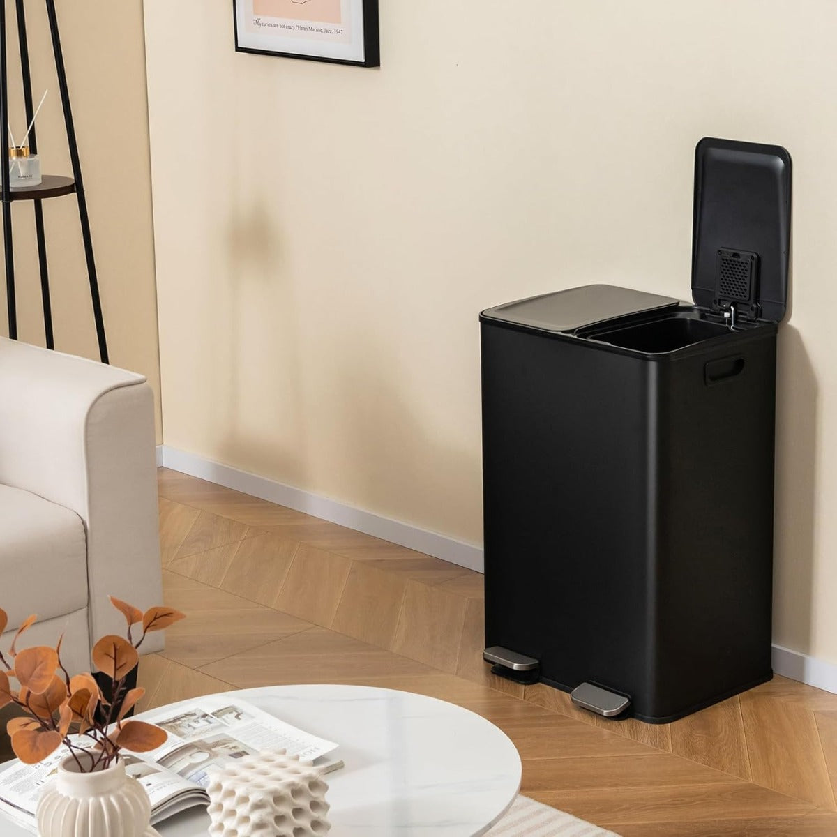 LIVSK Afvalemmer met 2 Compartimenten - 60L - Stille Sluiting - Vingerafdrukbestendig - Roestvrij Staal - Zwart