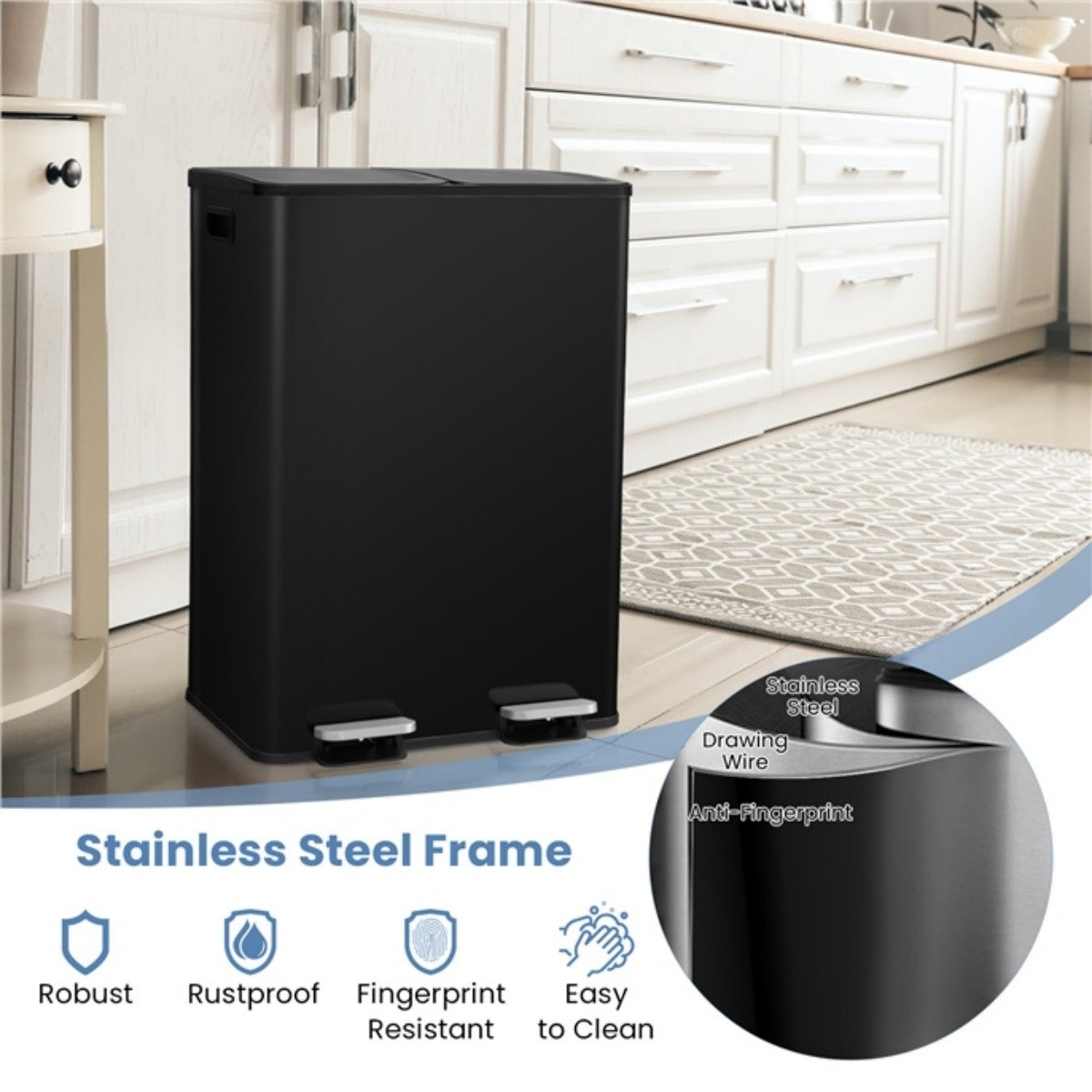 LIVSK Afvalemmer met 2 Compartimenten - 60L - Stille Sluiting - Vingerafdrukbestendig - Roestvrij Staal - Zwart