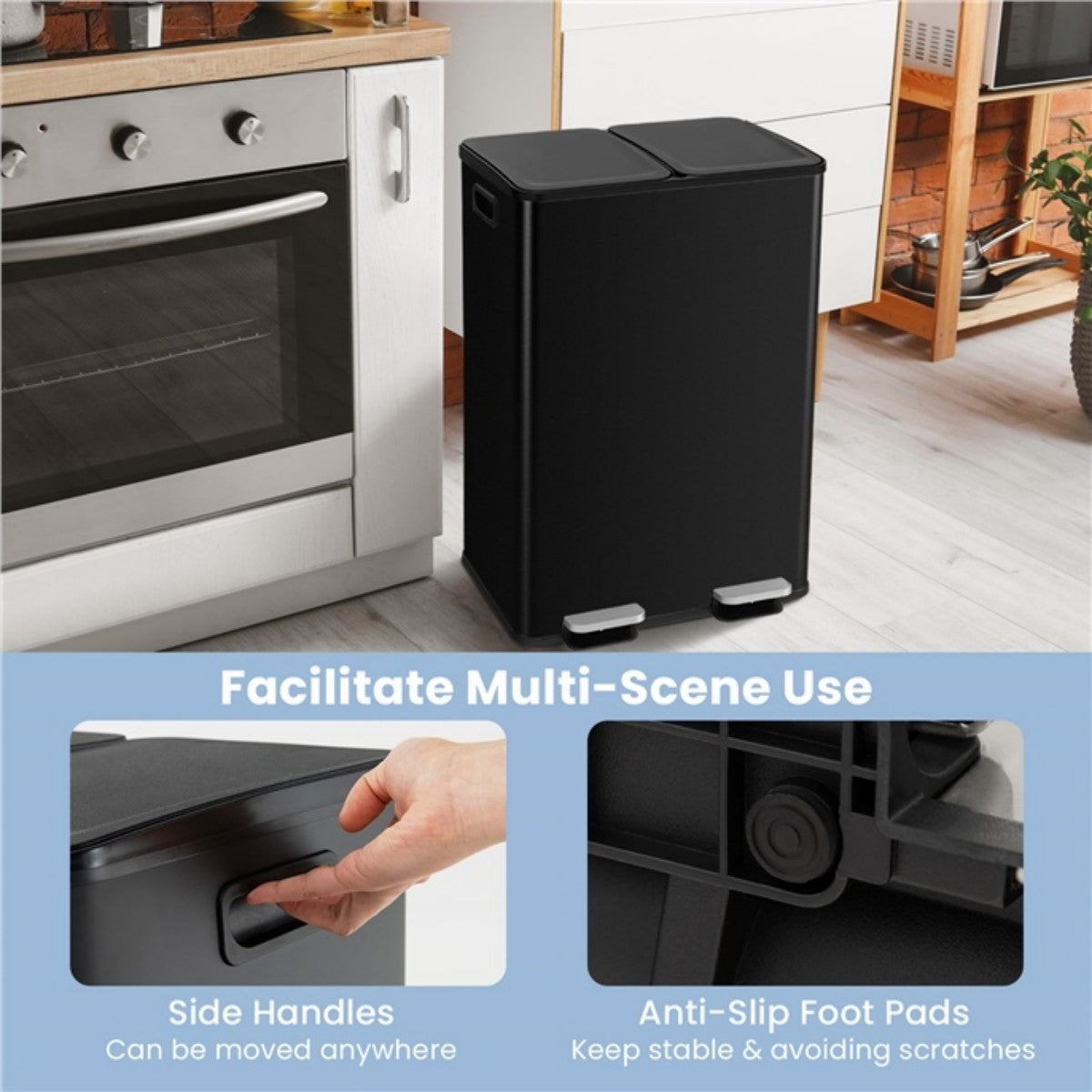 LIVSK Afvalemmer met 2 Compartimenten - 60L - Stille Sluiting - Vingerafdrukbestendig - Roestvrij Staal - Zwart