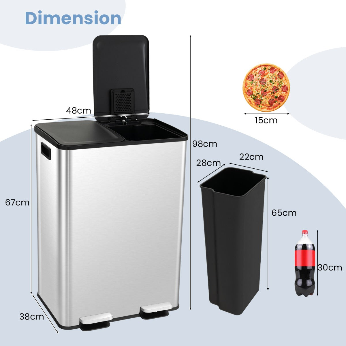 LIVSK Afvalemmer met 2 Compartimenten - 60L - Roestvrij Staal - Stil deksel - Deodorantvakken - Vingerafdrukbestendig - Zilver