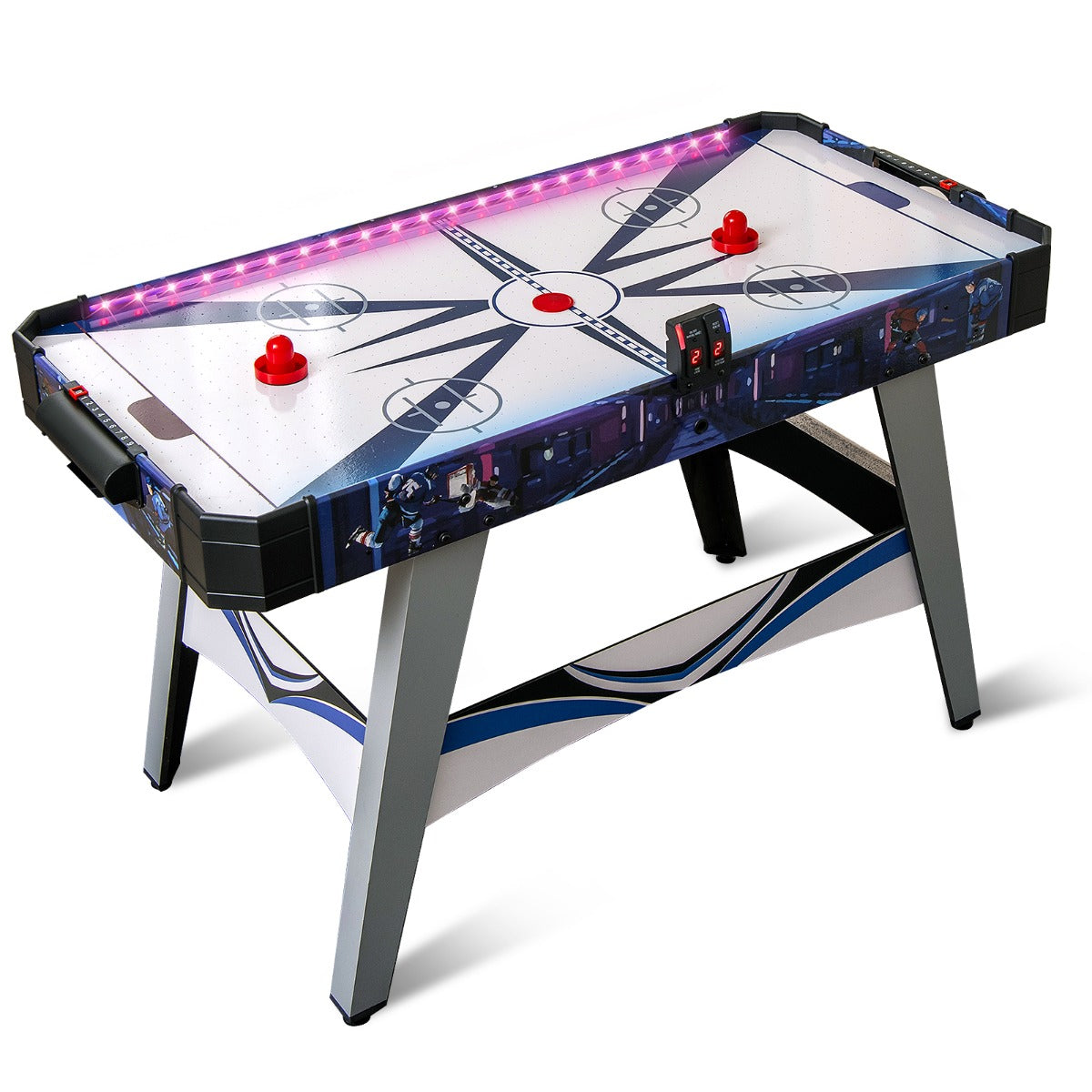 LIVSK Airhockeytafel met LED-teller - 12V Luchtstroom - Verstelbare Voetsteunen - Robuuste Constructie - Gezinsplezier - Blauw