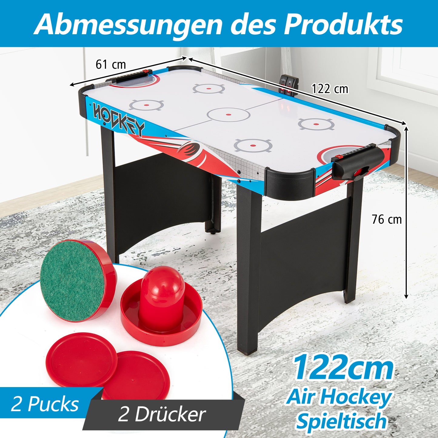 LIVSK Airhockey Tafel met LED-scorebord - Inclusief 2 Pucks en 2 Sliders - Verstelbare Voetsteunen - 130 x 61 x 76 cm - Zwart