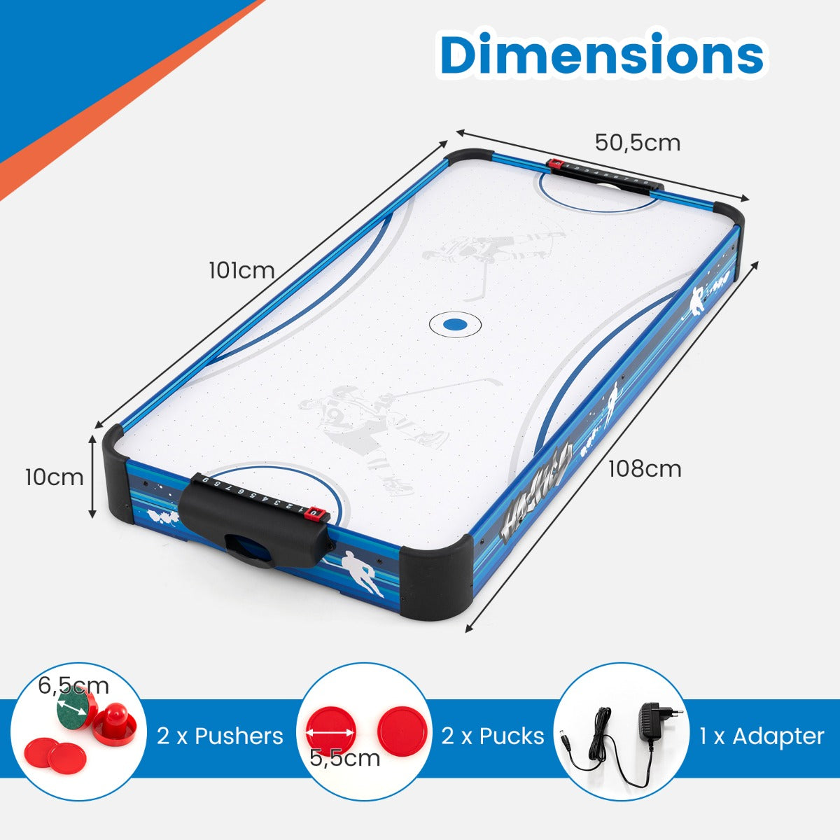 LIVSK Tafel-Airhockeytafel - 12V Ventilatormotor - Inclusief 2 Pucks en 2 Sliders - Compact Ontwerp - Wit + Blauw