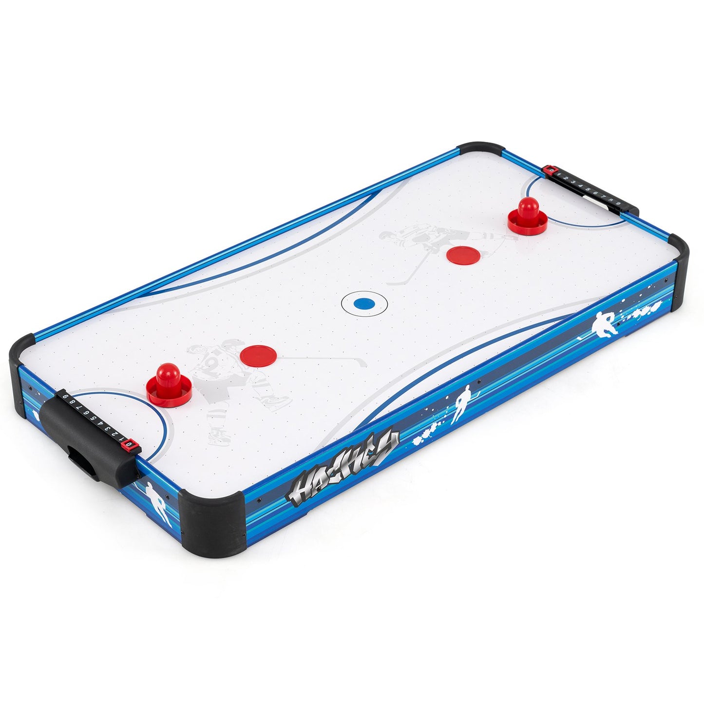 LIVSK Tafel-Airhockeytafel - 12V Ventilatormotor - Inclusief 2 Pucks en 2 Sliders - Compact Ontwerp - Wit + Blauw