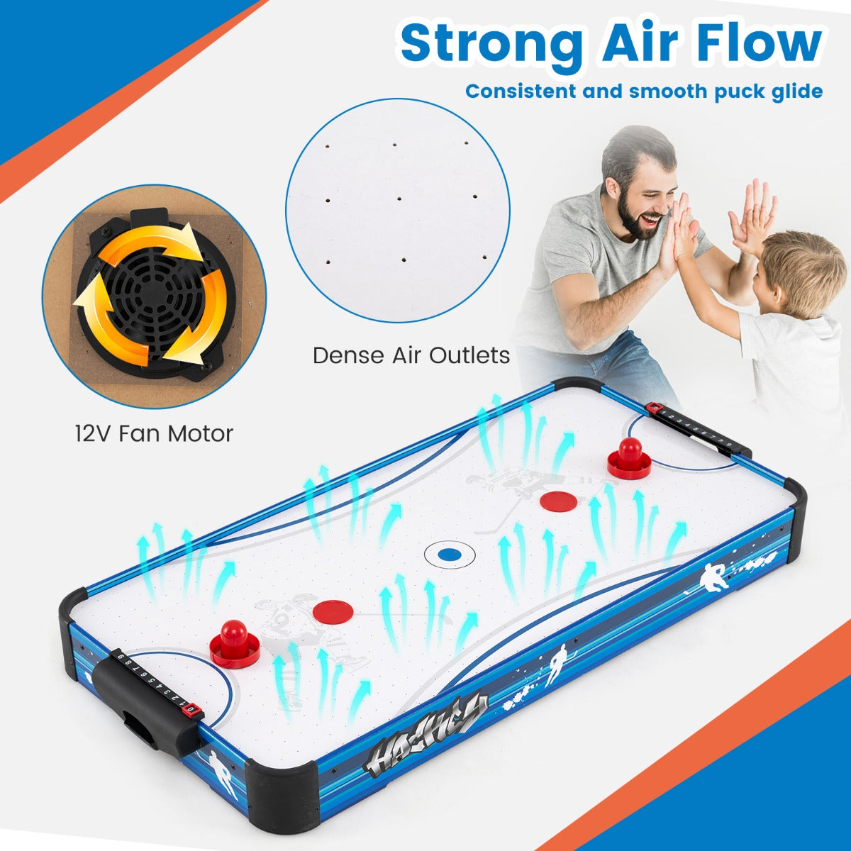 LIVSK Tafel-Airhockeytafel - 12V Ventilatormotor - Inclusief 2 Pucks en 2 Sliders - Compact Ontwerp - Wit + Blauw