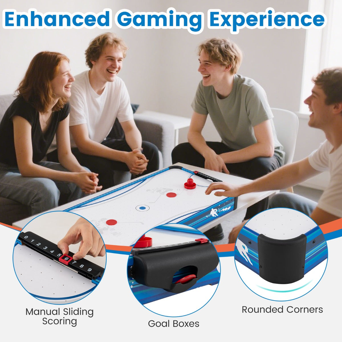 LIVSK Tafel-Airhockeytafel - 12V Ventilatormotor - Inclusief 2 Pucks en 2 Sliders - Compact Ontwerp - Wit + Blauw