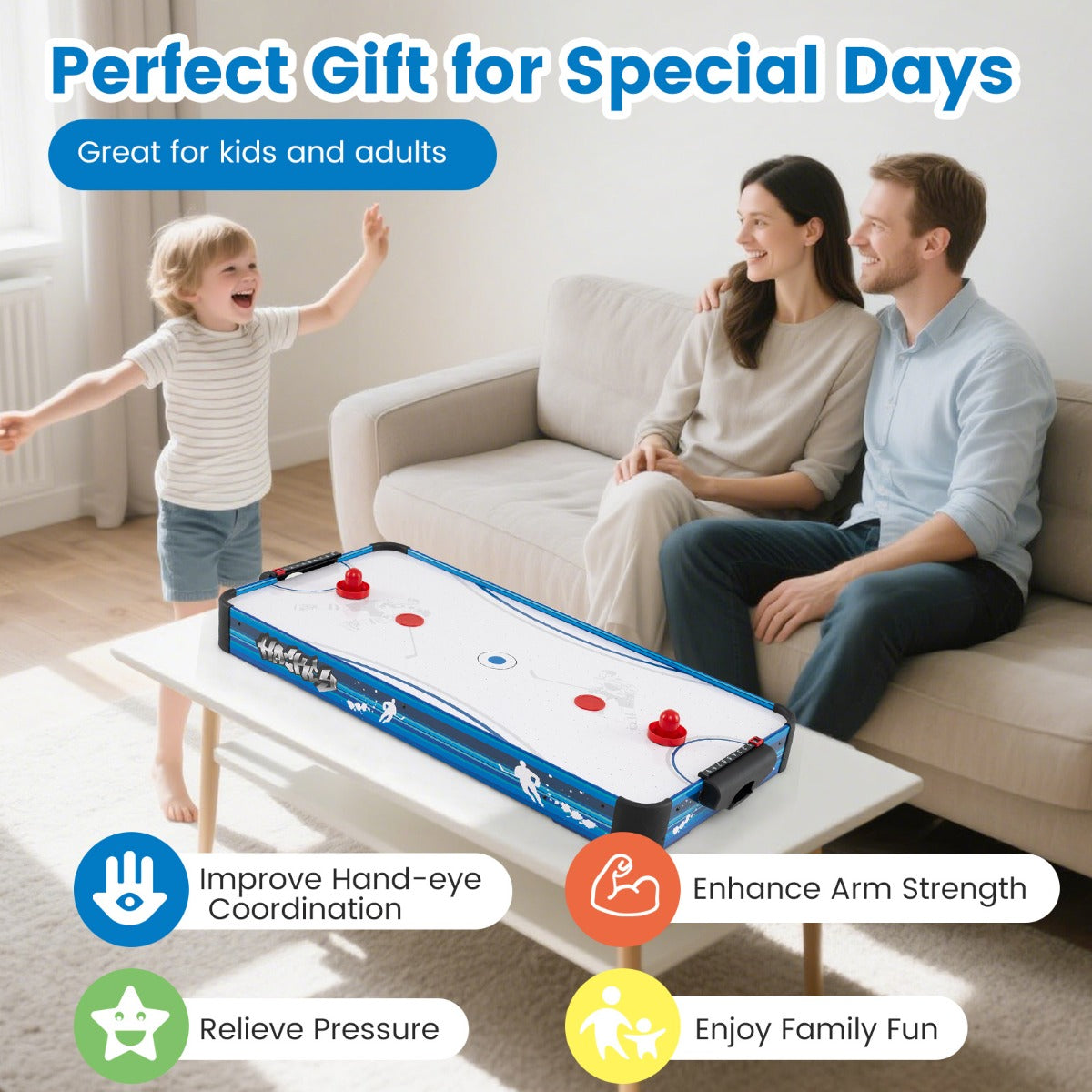 LIVSK Tafel-Airhockeytafel - 12V Ventilatormotor - Inclusief 2 Pucks en 2 Sliders - Compact Ontwerp - Wit + Blauw