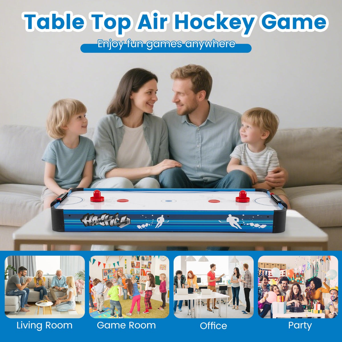 LIVSK Tafel-Airhockeytafel - 12V Ventilatormotor - Inclusief 2 Pucks en 2 Sliders - Compact Ontwerp - Wit + Blauw