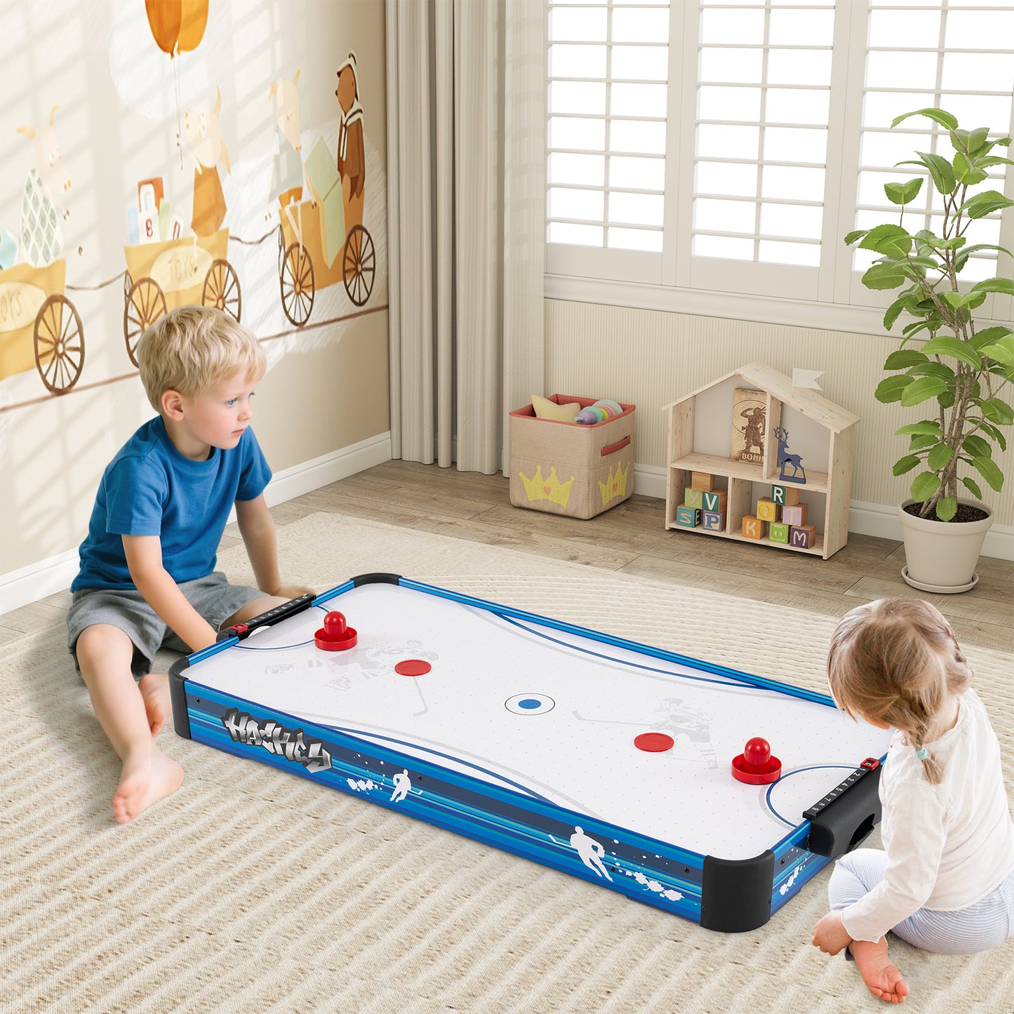 LIVSK Tafel-Airhockeytafel - 12V Ventilatormotor - Inclusief 2 Pucks en 2 Sliders - Compact Ontwerp - Wit + Blauw