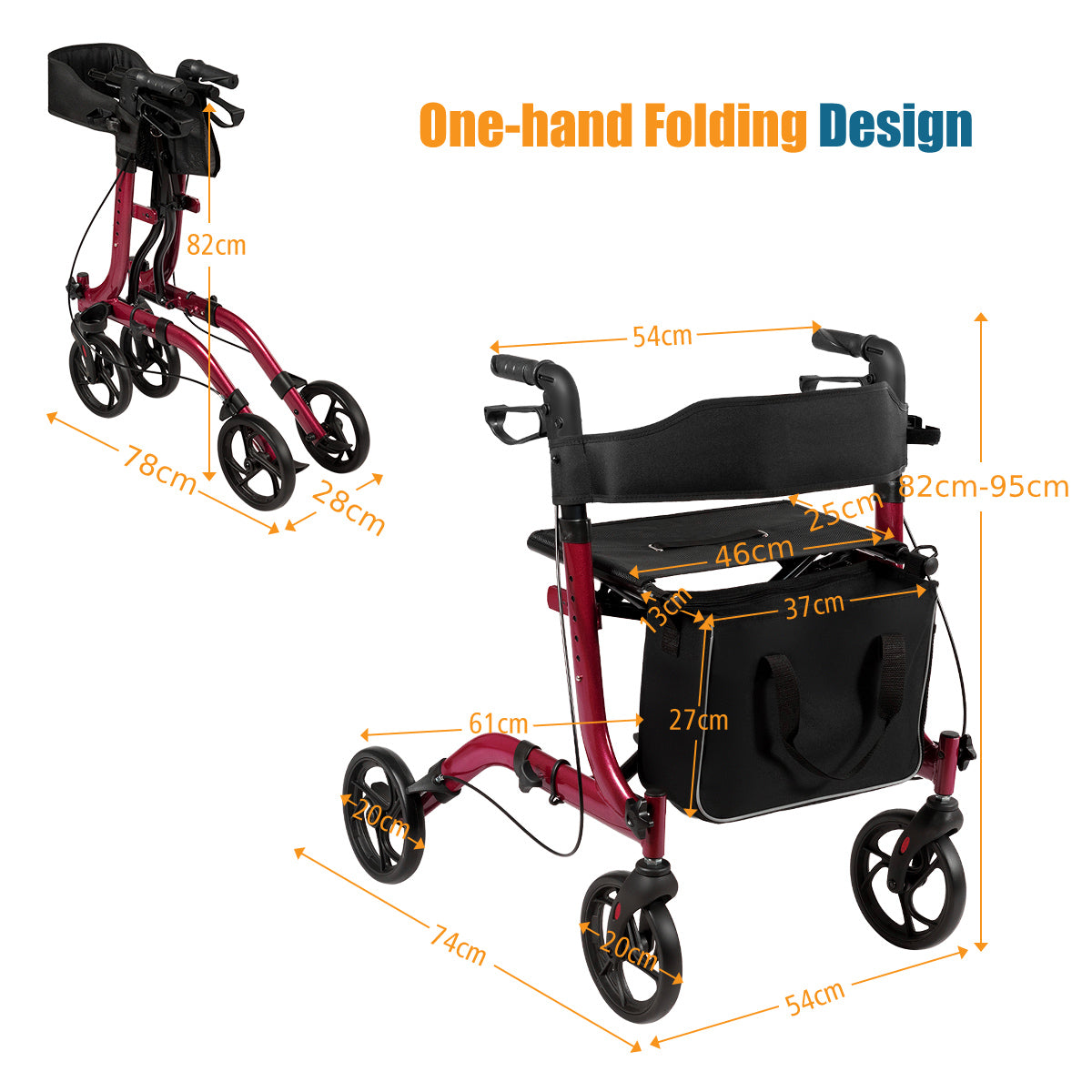 LIVSK Opvouwbare Rollator - Lichtgewicht Aluminium - Verstelbare Hoogte - Brede Zitting - Tot 136 kg - Rood