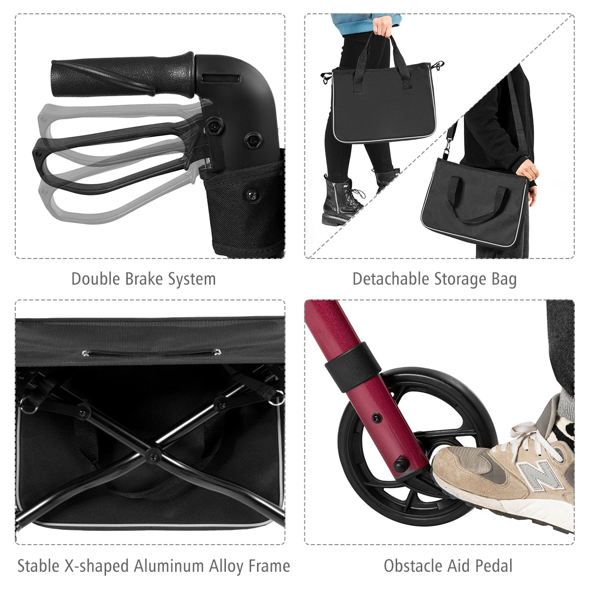 LIVSK Opvouwbare Rollator - Lichtgewicht Aluminium - Verstelbare Hoogte - Brede Zitting - Tot 136 kg - Rood