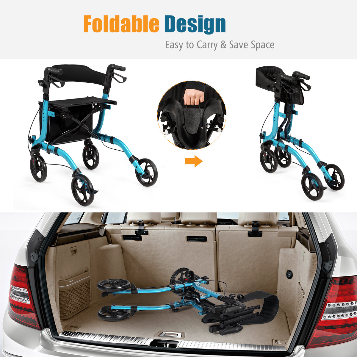 LIVSK Opvouwbare Lichtgewicht Rollator - Hoogteverstelbaar - Ergonomische Handgrepen - Dubbel Remsysteem - Inclusief Opbergzak