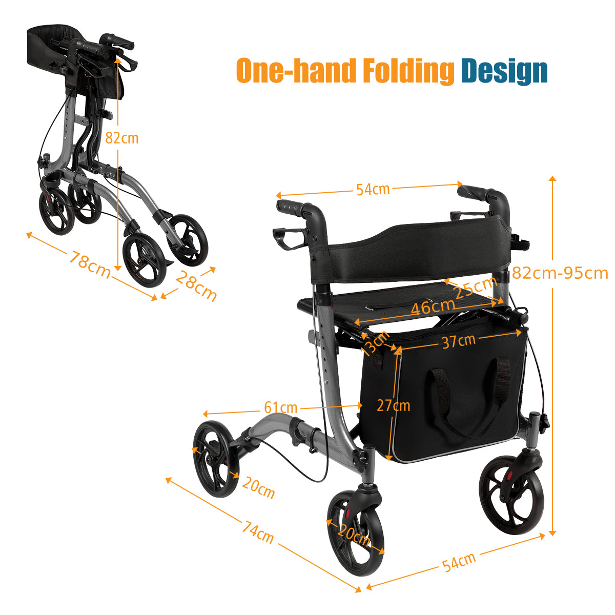 LIVSK Opvouwbare Aluminium Rollator - Lichtgewicht en Hoogteverstelbaar - Ergonomische Handgrepen - Dubbel Remsysteem - Grijs