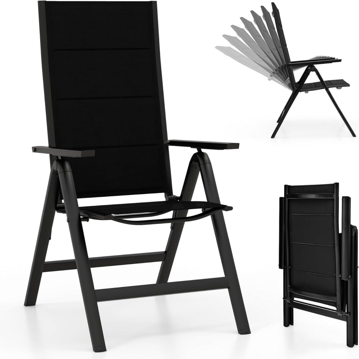 LIVSK Opvouwbare Tuinstoel - Ergonomische Rugleuning - 7 Verstelbare Posities - Draagbaar en Comfortabel - Tot 110 kg - Zwart