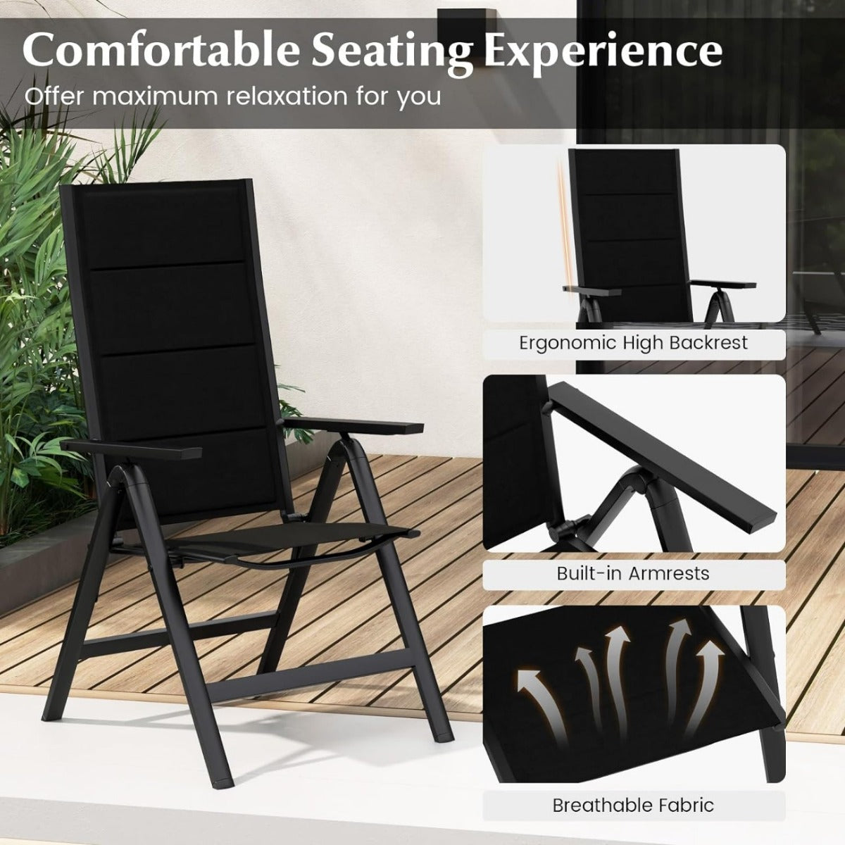 LIVSK Opvouwbare Tuinstoel - Ergonomische Rugleuning - 7 Verstelbare Posities - Draagbaar en Comfortabel - Tot 110 kg - Zwart