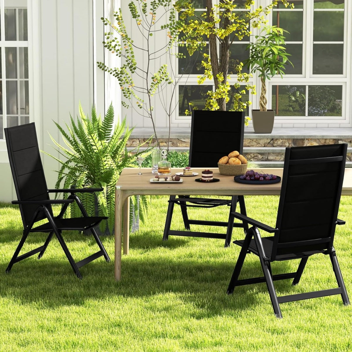 LIVSK Opvouwbare Tuinstoel - Ergonomische Rugleuning - 7 Verstelbare Posities - Draagbaar en Comfortabel - Tot 110 kg - Zwart