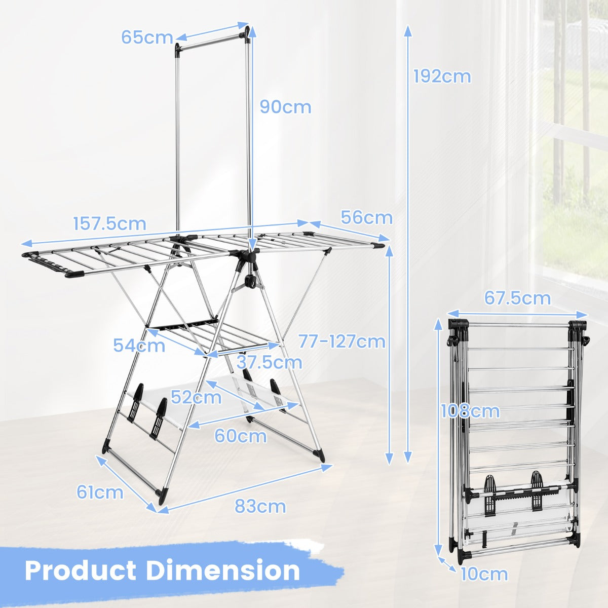 LIVSK Multifunctioneel Wasrek - Vlinderstijl met 3 Niveaus - Opvouwbaar - Roestbestendig Aluminium - 36 kg - Zilver