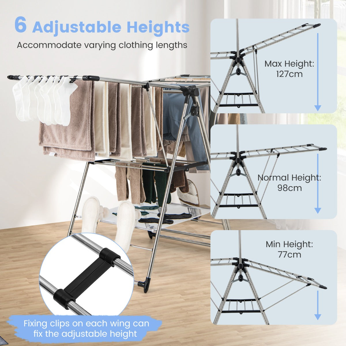 LIVSK Multifunctioneel Wasrek - Vlinderstijl met 3 Niveaus - Opvouwbaar - Roestbestendig Aluminium - 36 kg - Zilver