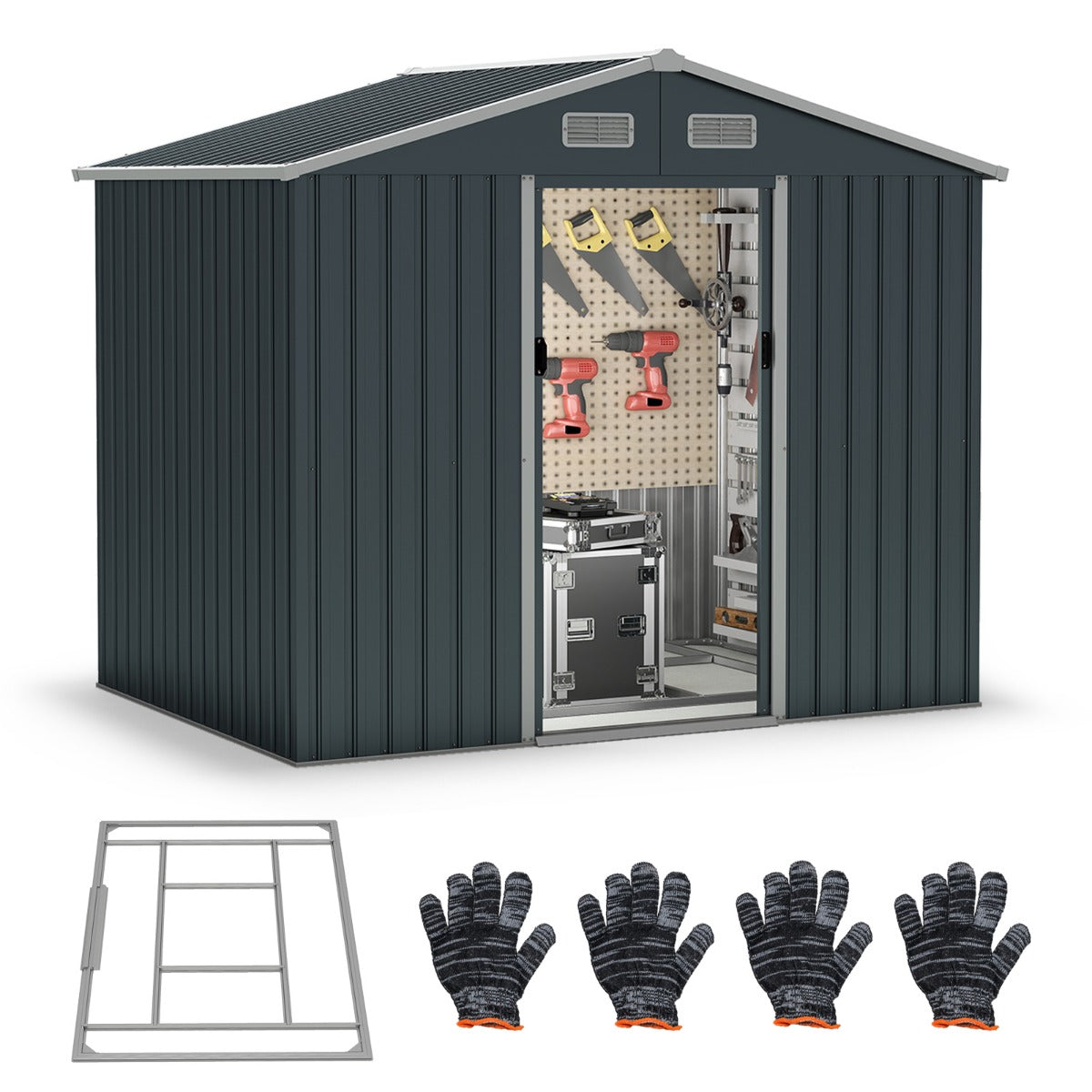 LIVSK Tuinhuis Metaal - Grote Opslagruimte 236 x 172 x 196 cm - Duurzaam en Stevig - Schuifdeuren - Ventilatieopeningen - Grijs
