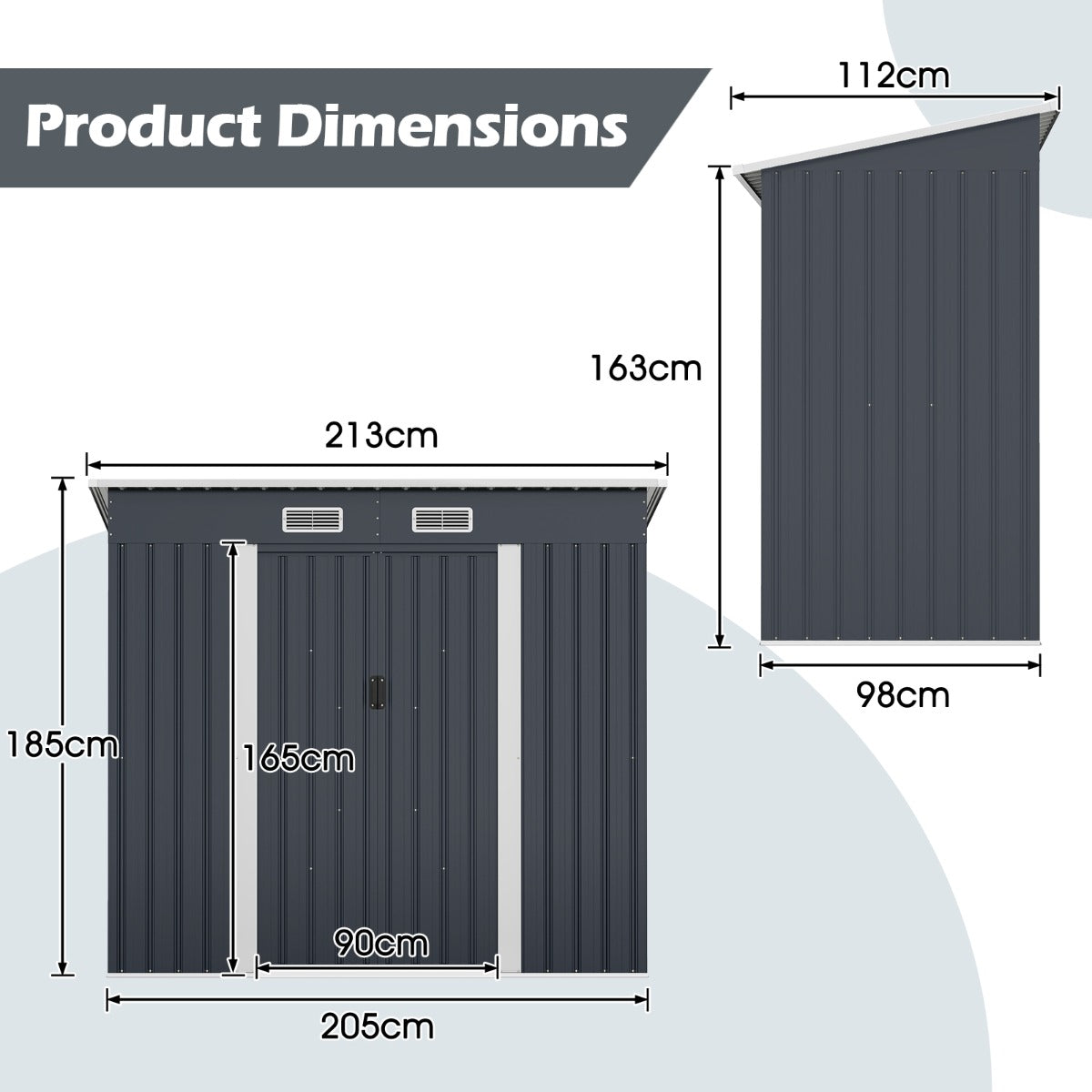 LIVSK Tuinschuur Fietsgarage - Verzinkt Staal - Schuin Dak met Ventilatie - 213 x 112 x 186 cm - Duurzaam - Grijs