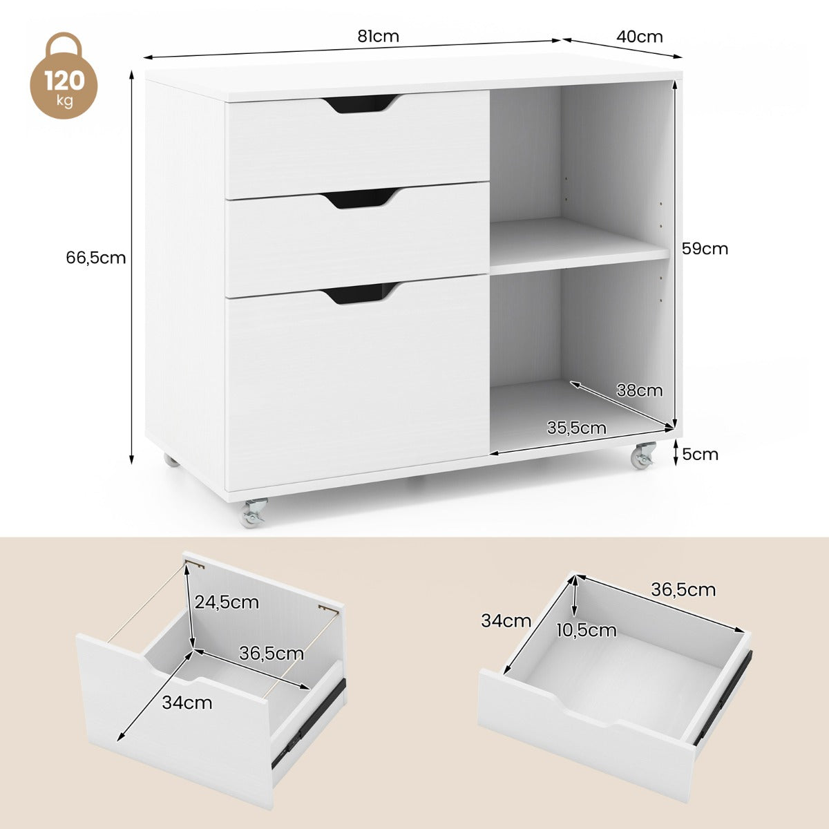 LIVSK Verrijdbare Archiefkast - 3 Laden - Verstelbare Plank - 5 Zwenkwielen - Voor Hangmappen - 81 x 40 x 66,5 cm - Wit / Ruw