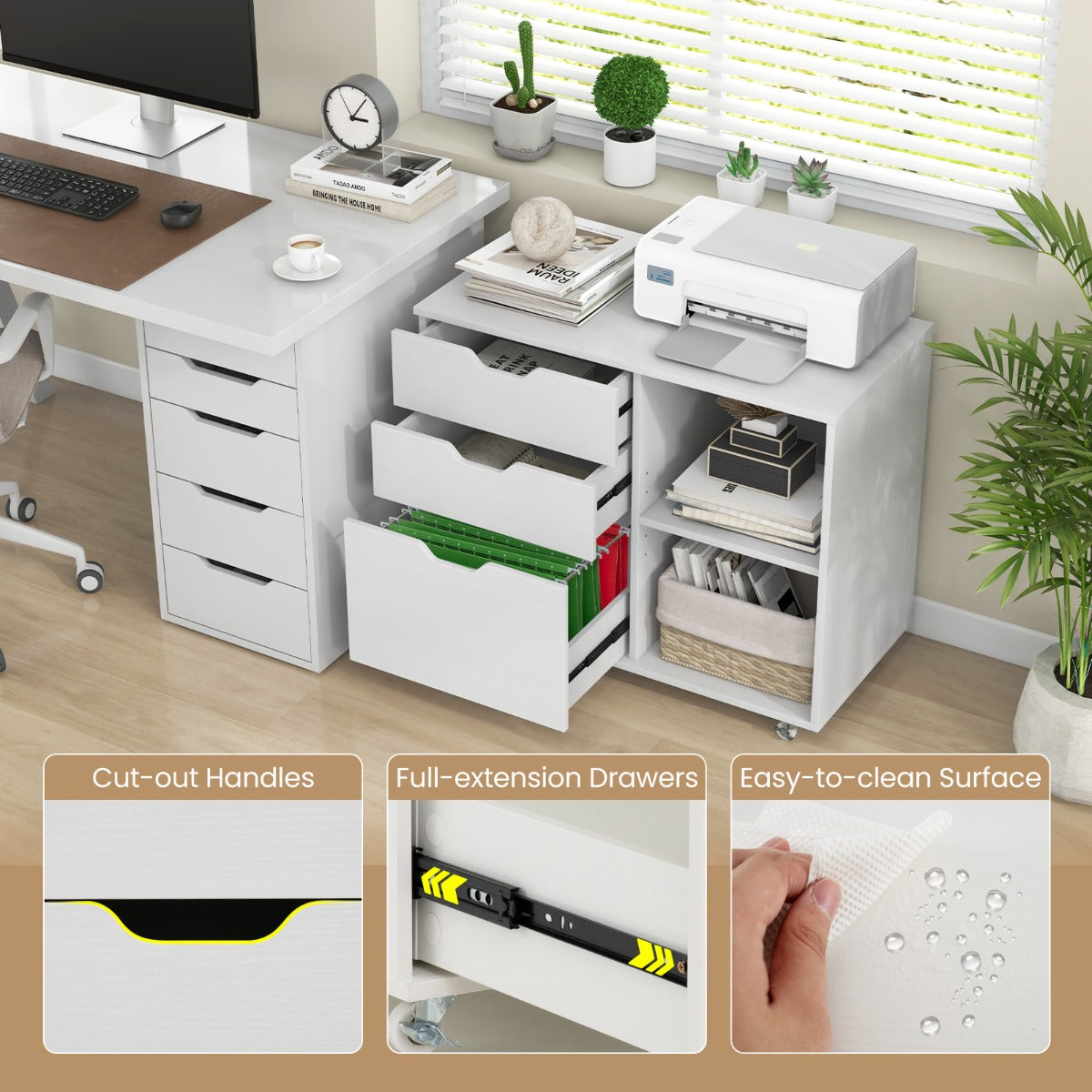 LIVSK Verrijdbare Archiefkast - 3 Laden - Verstelbare Plank - 5 Zwenkwielen - Voor Hangmappen - 81 x 40 x 66,5 cm - Wit / Ruw