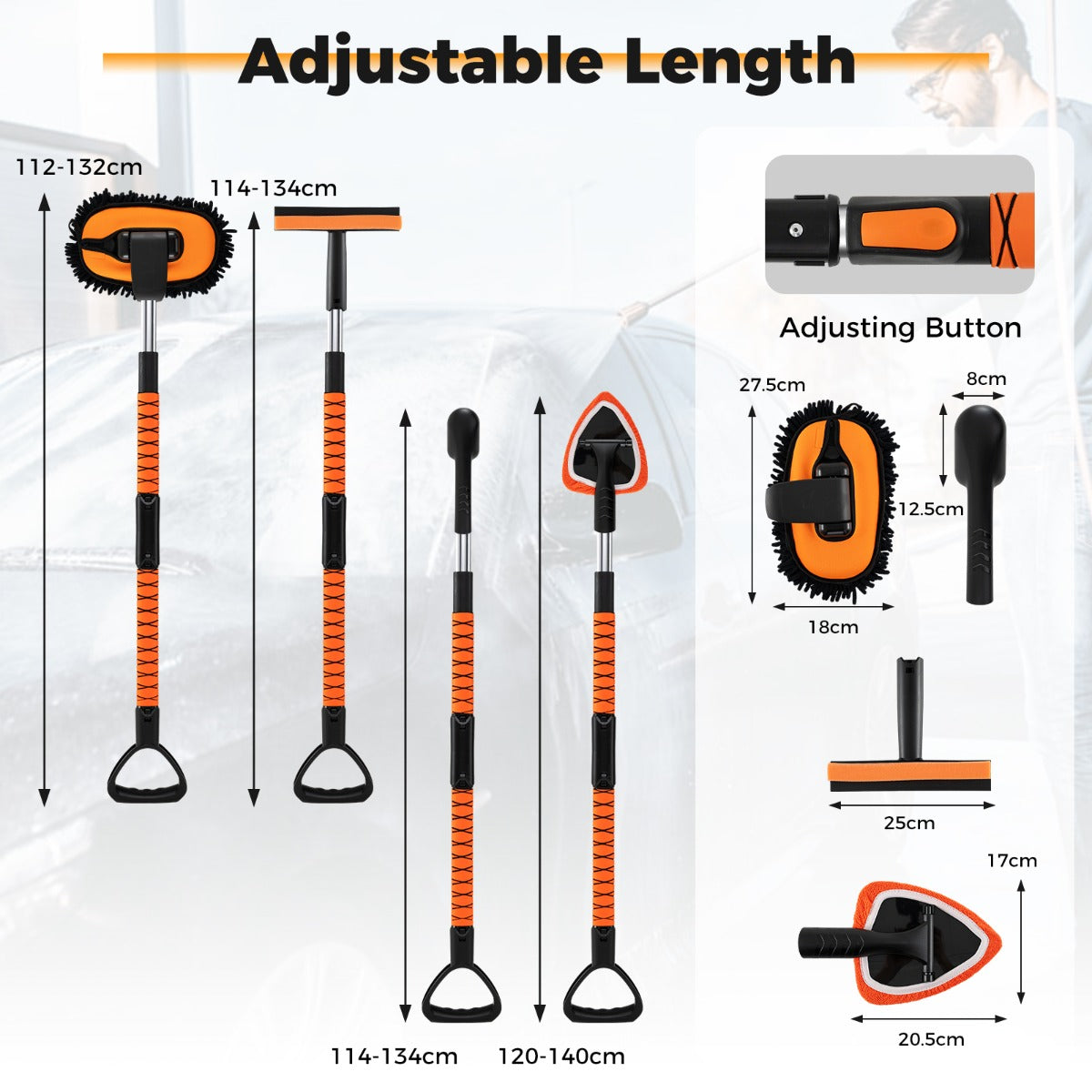 LIVSK Autowasborstel Set met Telescoopsteel - Verstelbare Handgreep - Chenille - Mop - 3 - in - 1 Ruitenwisser - Krasvrij
