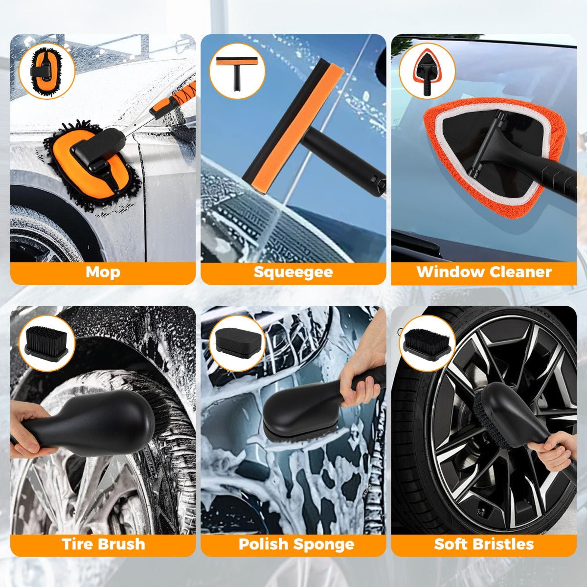 LIVSK Autowasborstel Set met Telescoopsteel - Verstelbare Handgreep - Chenille - Mop - 3 - in - 1 Ruitenwisser - Krasvrij