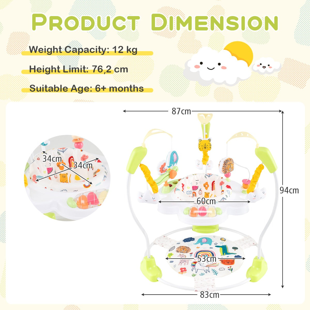 LIVSK Baby Loopwagen - 3 Verstelbare Hoogtes - 360° Draaibare Zitting - Interactief Speelgoed - Voor Baby's - Geel