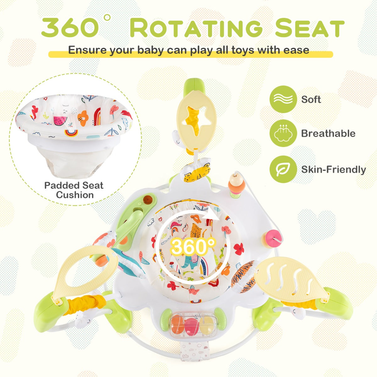LIVSK Baby Loopwagen - 3 Verstelbare Hoogtes - 360° Draaibare Zitting - Interactief Speelgoed - Voor Baby's - Geel