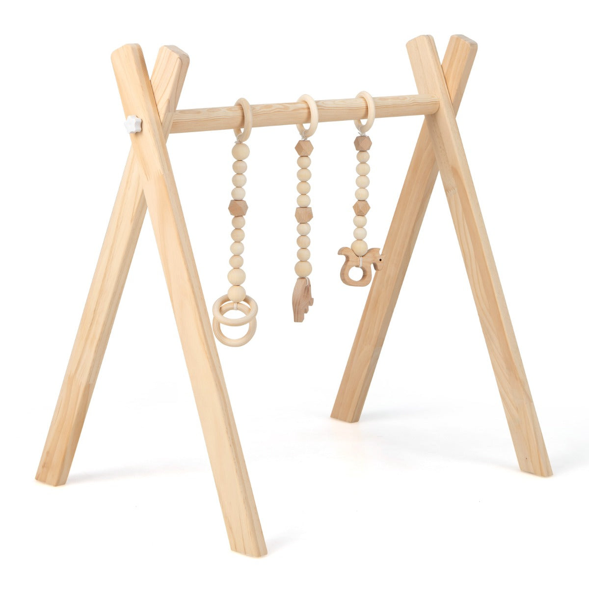 LIVSK Minispeeltuin - Houten Babygym met 3 Speelgoed - Opvouwbaar en Compact - Veilig en Stimulerend - Natuur