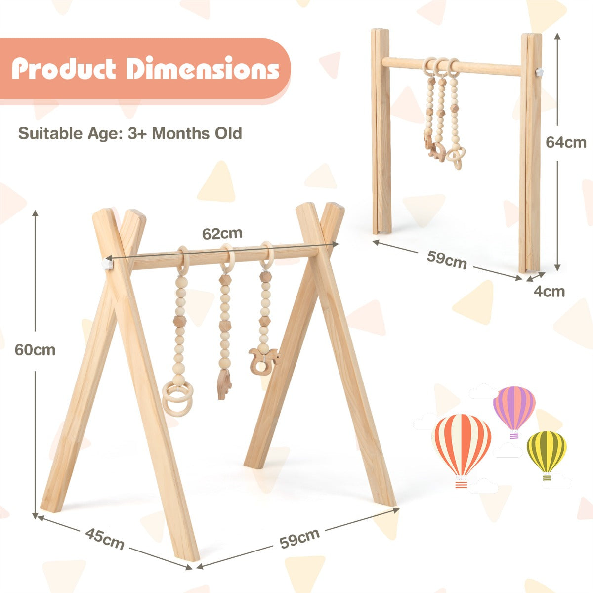 LIVSK Minispeeltuin - Houten Babygym met 3 Speelgoed - Opvouwbaar en Compact - Veilig en Stimulerend - Natuur