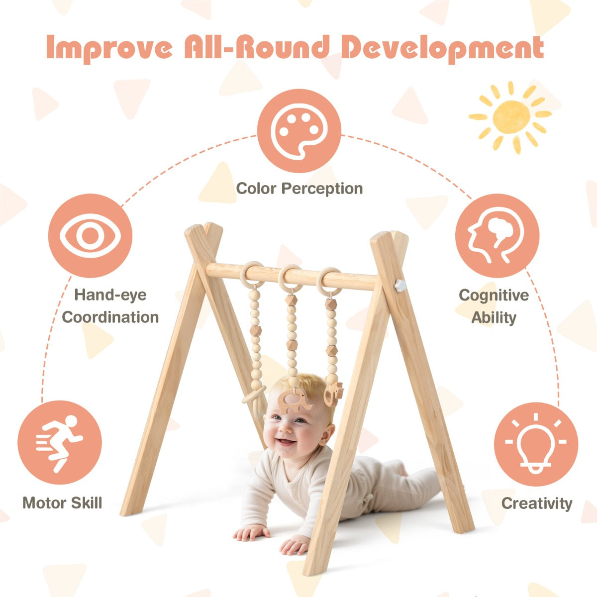 LIVSK Minispeeltuin - Houten Babygym met 3 Speelgoed - Opvouwbaar en Compact - Veilig en Stimulerend - Natuur