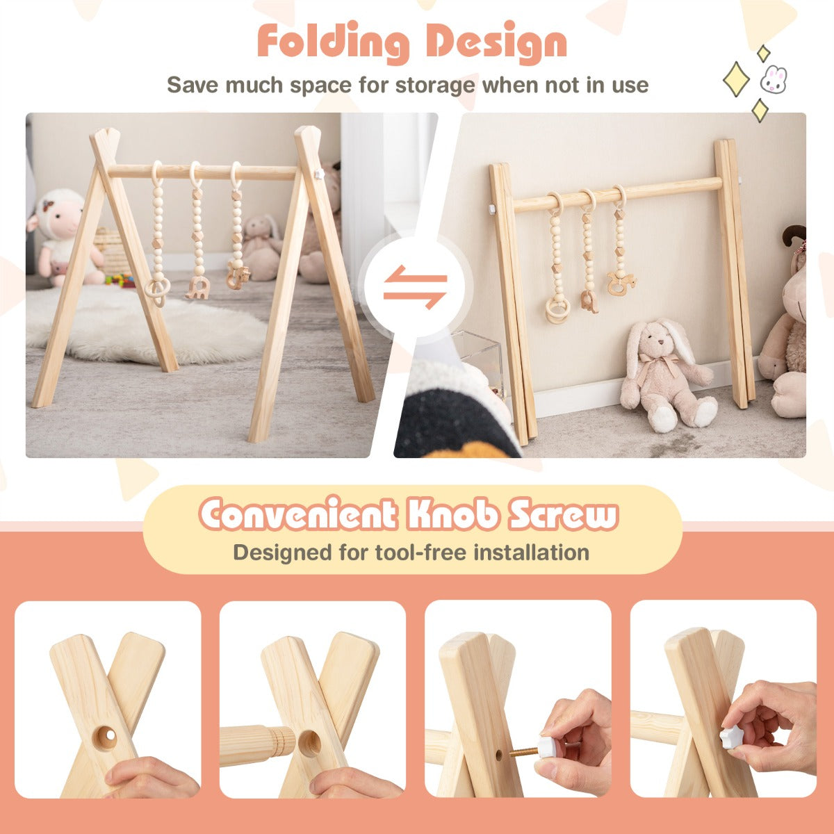 LIVSK Minispeeltuin - Houten Babygym met 3 Speelgoed - Opvouwbaar en Compact - Veilig en Stimulerend - Natuur
