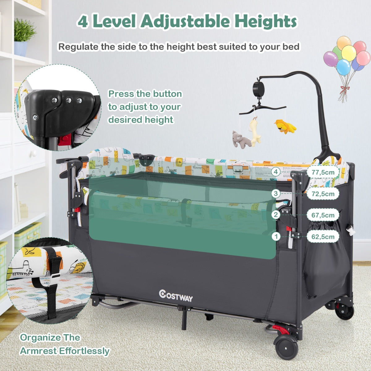 LIVSK 5-in-1 Babybedje - Multifunctioneel met Verschoontafel en Activiteiten Centrum - Veiligheidsbescherming - 125 x 66 x 83 cm