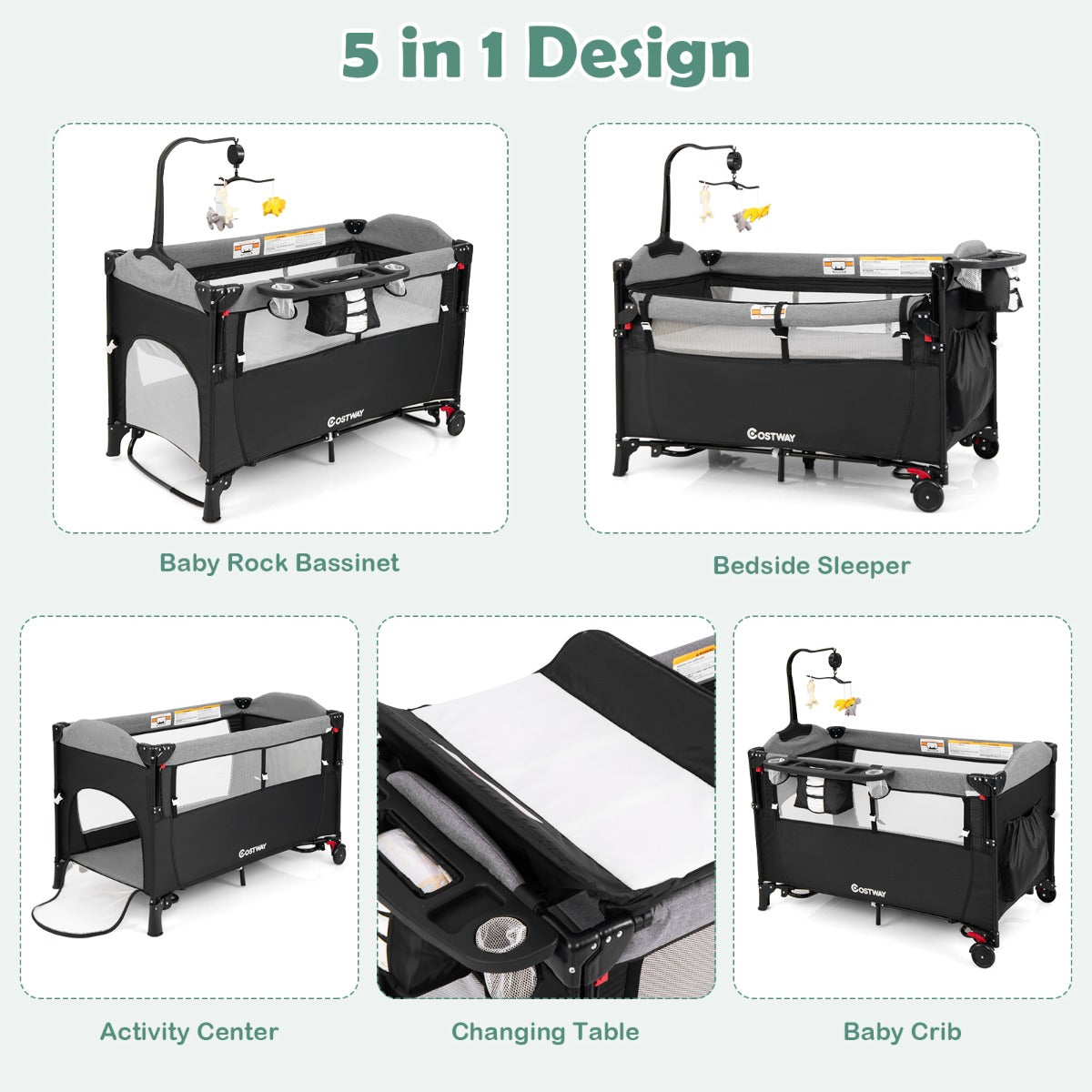 LIVSK 5-in-1 Babywiegbak - Luier Verschoontafel - Activiteitencentrum - Verstelbare Hoogte - Tot 15 kg - Zwart