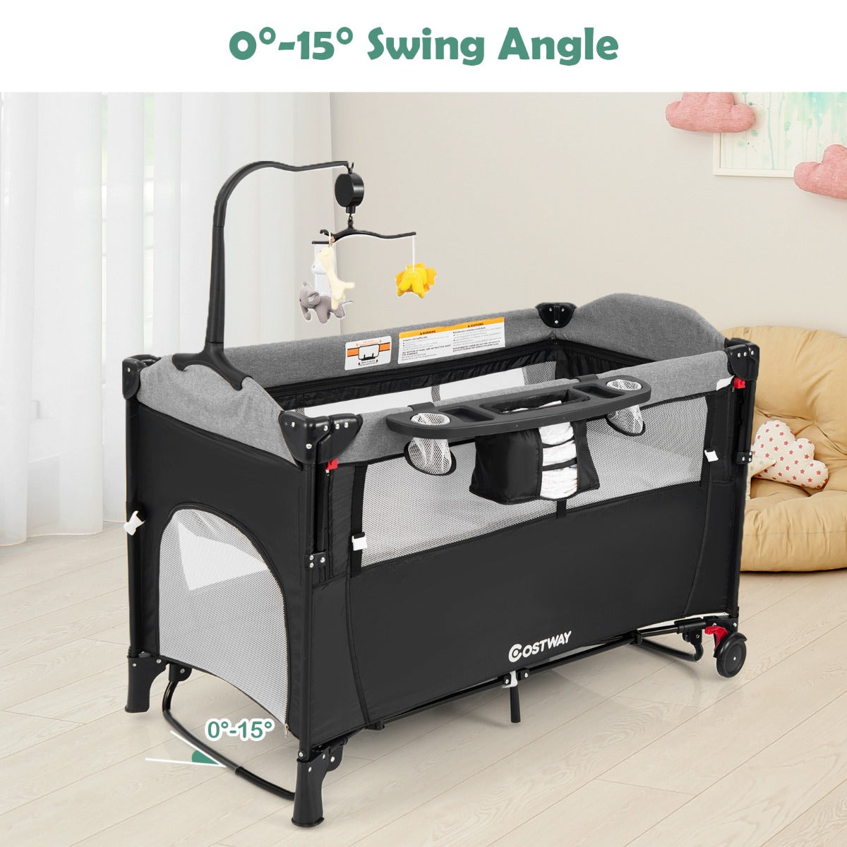 LIVSK 5-in-1 Babywiegbak - Luier Verschoontafel - Activiteitencentrum - Verstelbare Hoogte - Tot 15 kg - Zwart