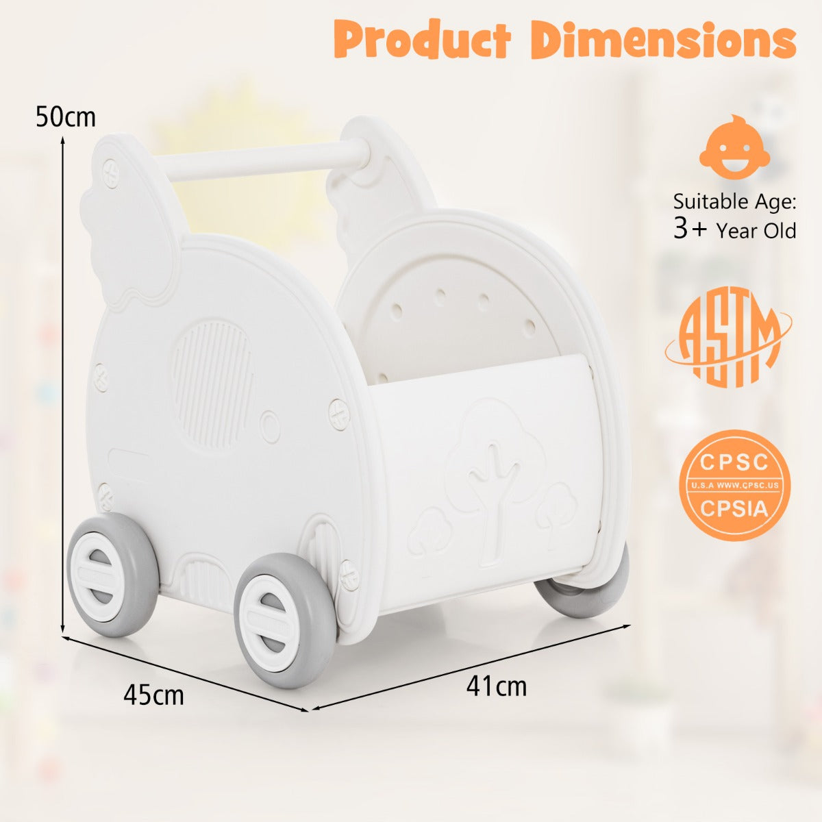 LIVSK 2-in-1 Baby Duwspeelgoed Olifant - Loopondersteuning en Winkelwagentje - Ergonomisch - Ruime Opbergruimte - Wit