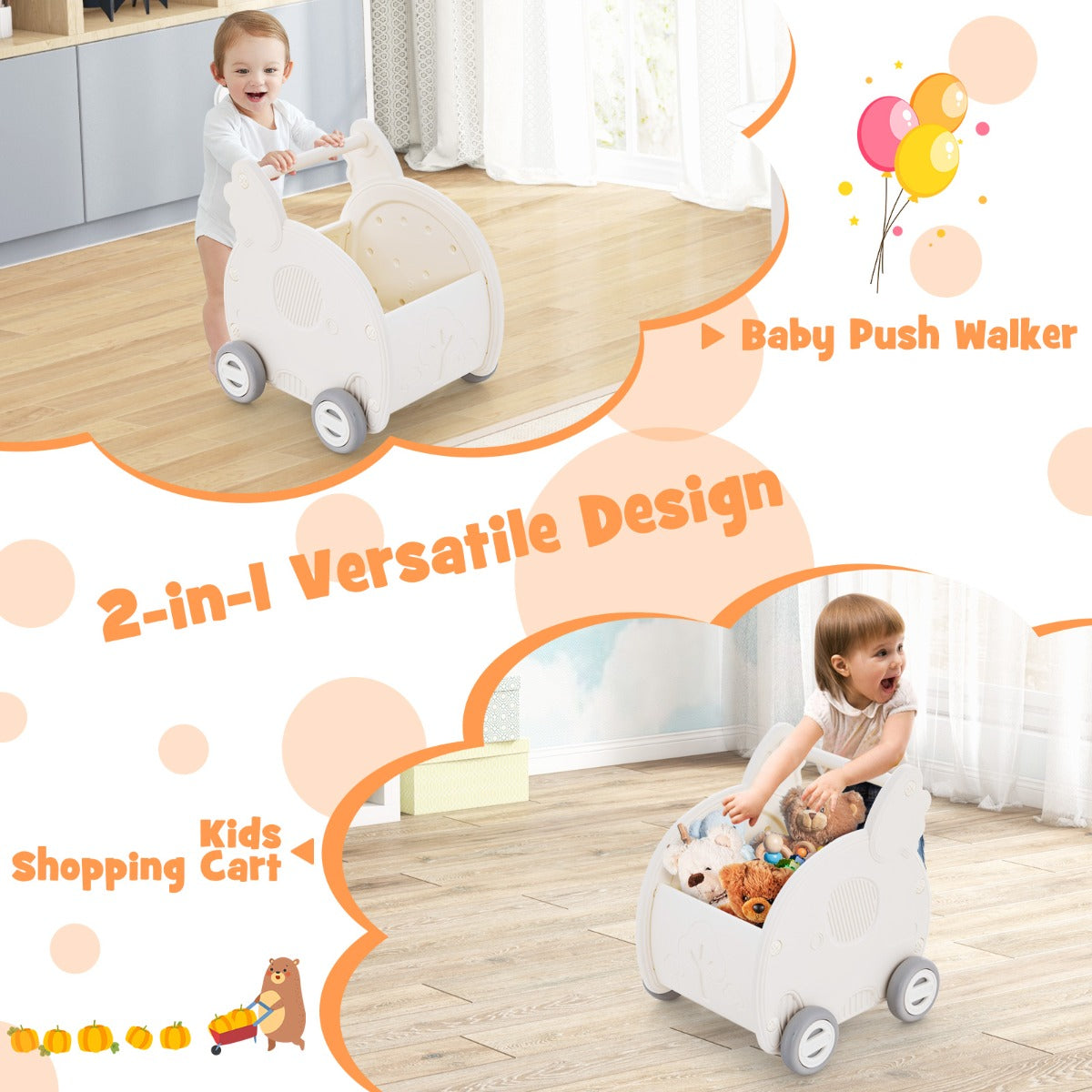 LIVSK 2-in-1 Baby Duwspeelgoed Olifant - Loopondersteuning en Winkelwagentje - Ergonomisch - Ruime Opbergruimte - Wit