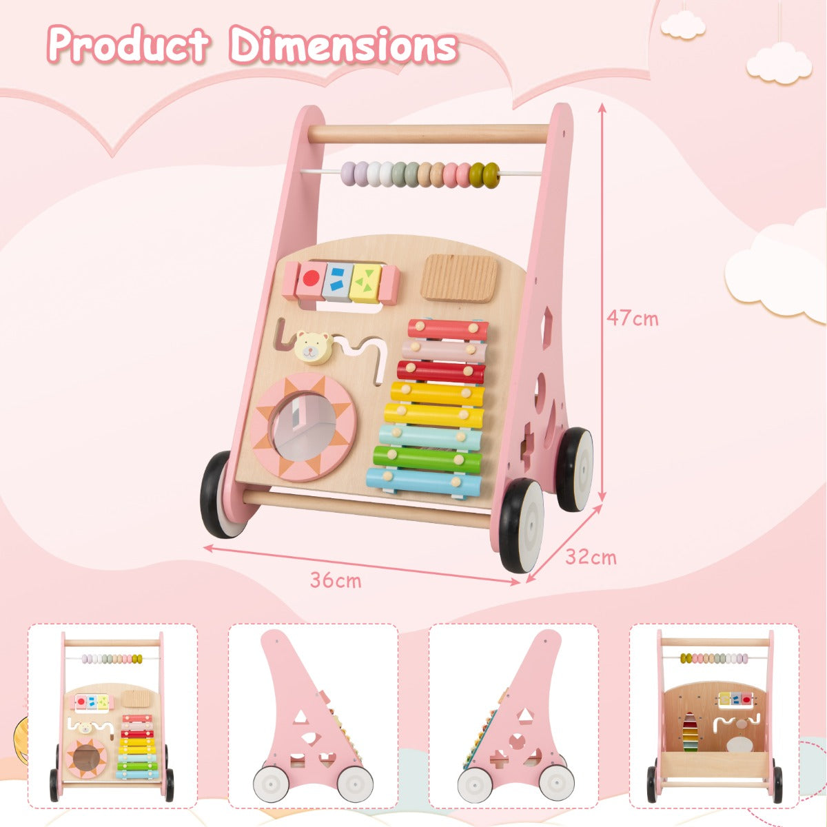 LIVSK Houten Baby Loopwagen - Met Speelactiviteiten en Opbergruimte - Ergonomisch Ontwerp - Voor 1+ Jaar - Roze